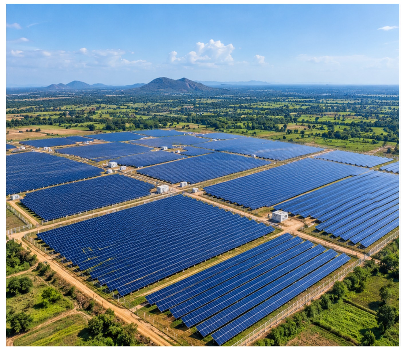Utility-scale solar farm with rows of photovoltaic panels